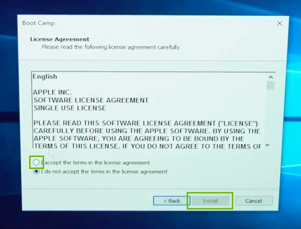License Agreement with agree and  Install highlighted