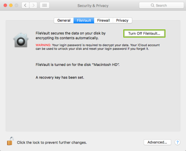 Turn Off FileVault button highlighted