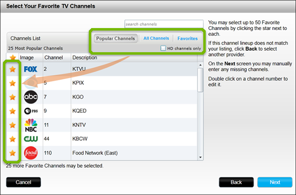Favorites selection with Star highlighted.