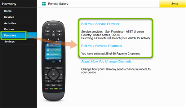 MyHarmony program with Favorites and Edit Your Favorite Channels highlighted.