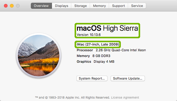 macOS High Sierra About this Mac with version information and Mac information highlighted.