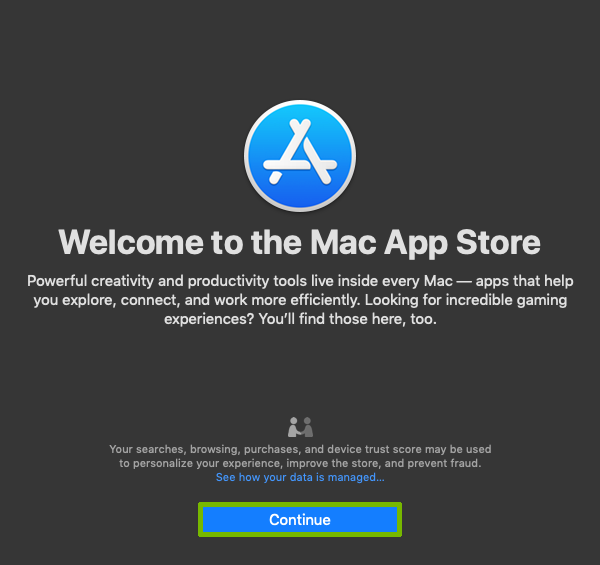 App Store welcome with Continue highlighted.