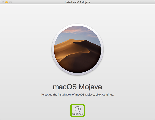 Mojave installer with Continue highlighted.