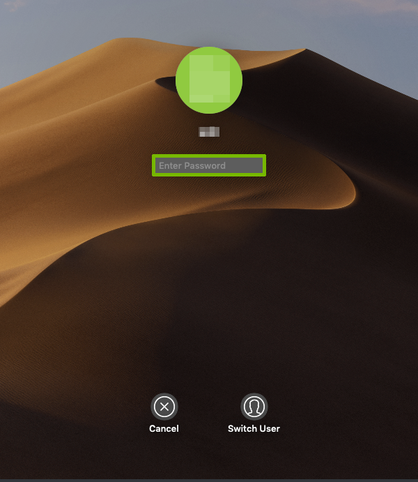 macOS login screen with password box highlighted.