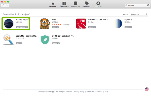 Search results with macOS Mojave highlighted.