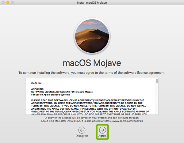 Mojave Licence Agreement with Agree highlighted.