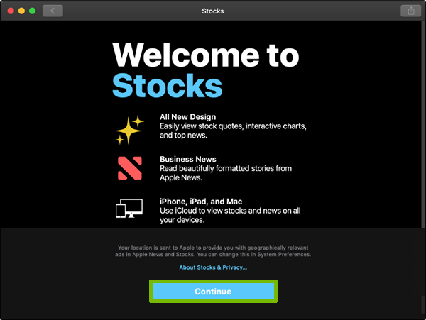 Stocks welcome screen with Continue highlighted.