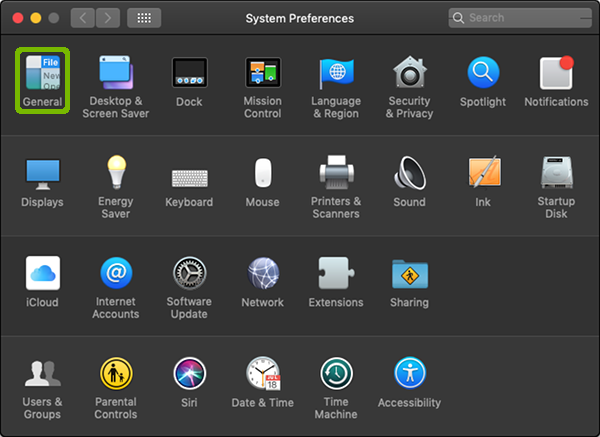 System Preferences with General highlighted.