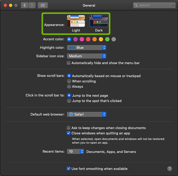 General Preferences with Appearance choices highlighted.