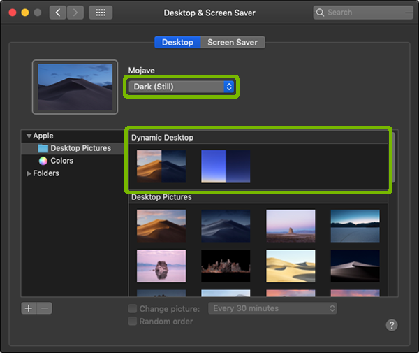 Display and Screen Saver Preferences with Dynamic Desktop and type highlighted.