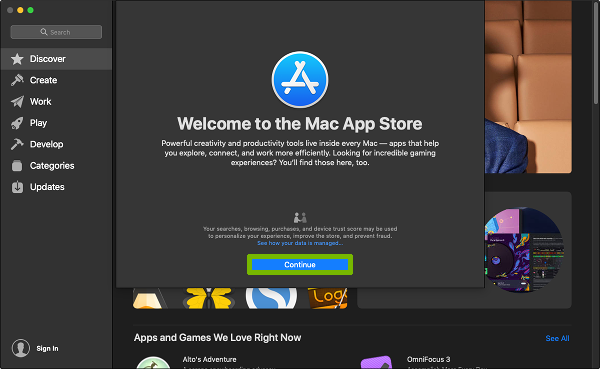 App Store welcome with Continue highlighted.
