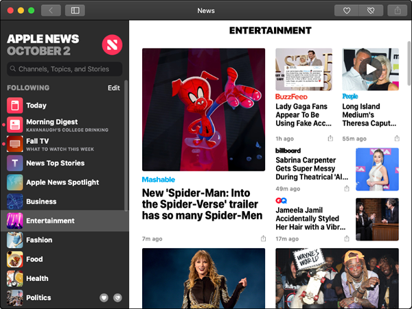 Apple News showing Entertainment news.