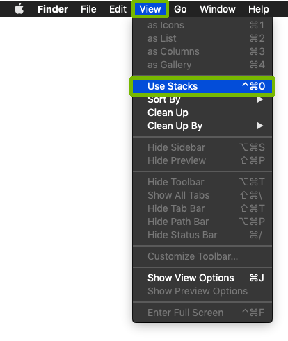 Finder View Menu with Use Stacks highlighted.