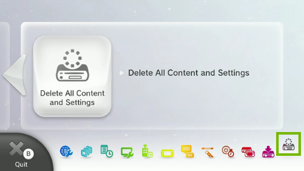 Delete All Content & Settings highlighted in Wii U system menu.