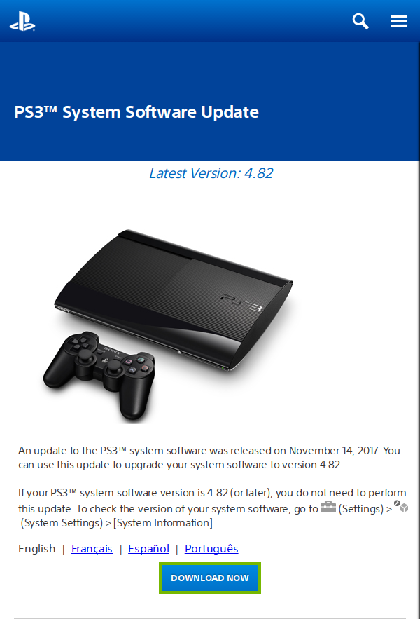 PlayStation 3 Update website with Download Now button highlighted.