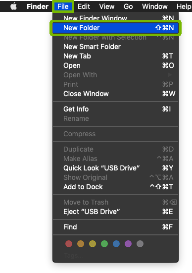Finder File menu with New Folder highlighted.