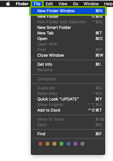 Finder File menu with New Finder Window highlighted.