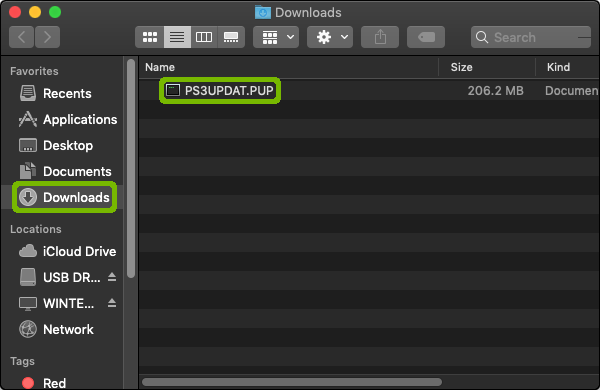 Finder window with Downloads and PS3UPDAT.PUP file highlighted.