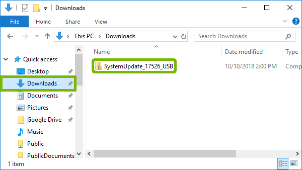 Downloads with SystemUpdate file highlighted.