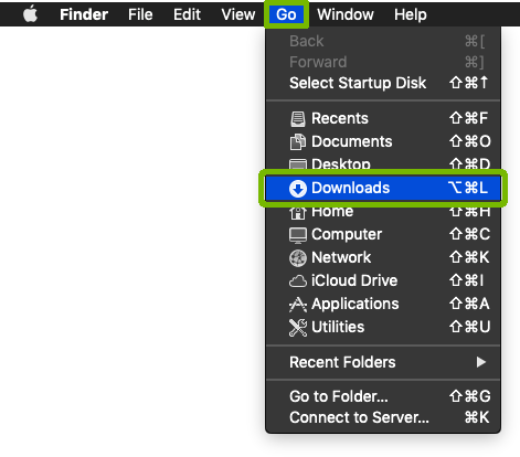 Finder Go menu with Downloads highlighted.