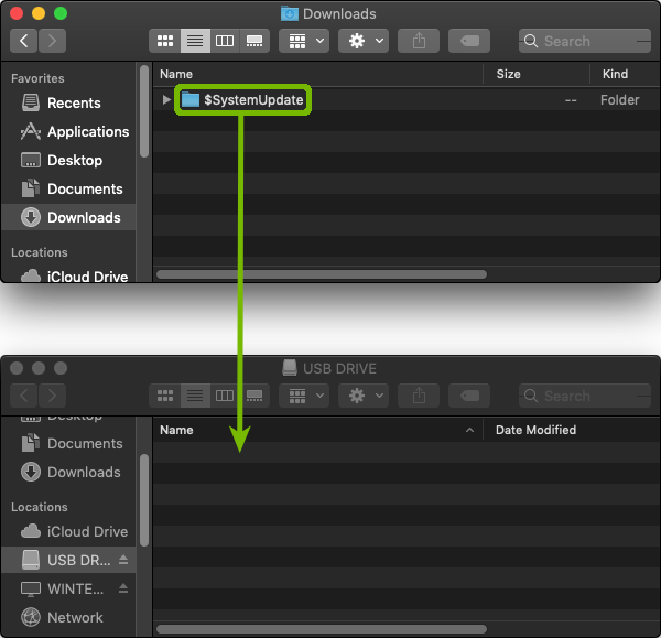 Finder Windows showing dragging folder to USB drive.