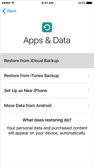 iOS restore from iCloud backup screen