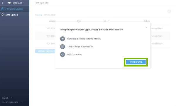 Start Update option highlighted in DJI Assistant 2.