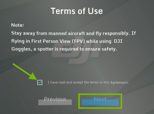 Checkbox pointed out and Next option highlighted on Terms of Use screen.