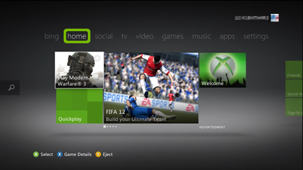 Xbox Menu with Home highlighted.