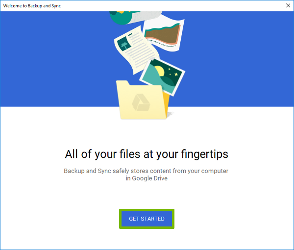 Google Drive setup with Get Started button highlighted.