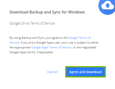 Google Drive Terms of Service prompt with Agree and download highlighted.