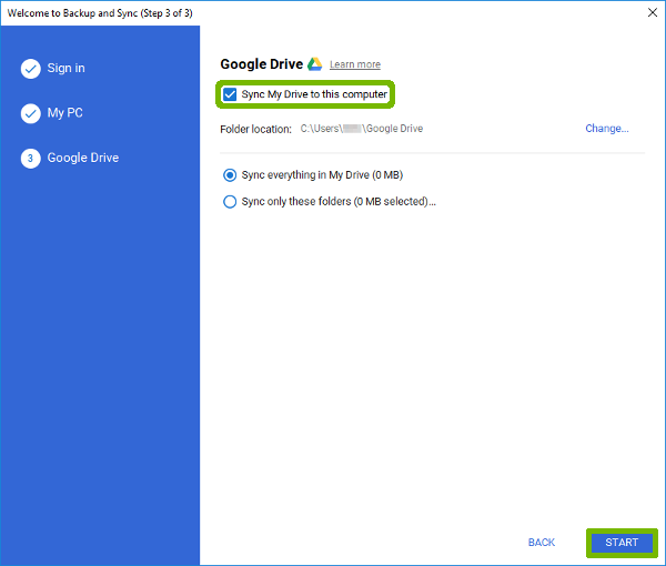 Google Drive Setup with Sync My Drive and Start button highlighted.