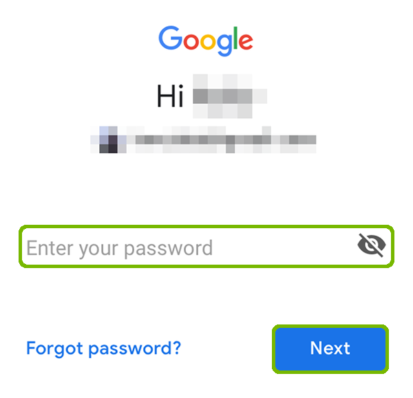 Google sign in with password and Next highlighted.