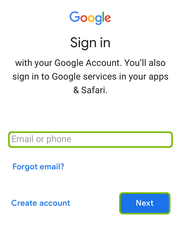 Google Sign in with email address and Next highlighted.