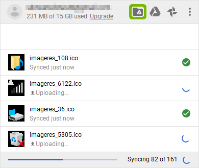 Google Drive status with folder highlighted.