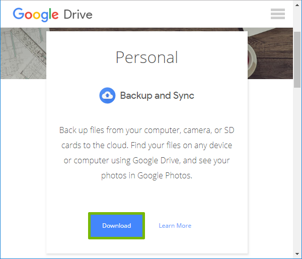 Google Drive download page with Download under Personal highlighted.