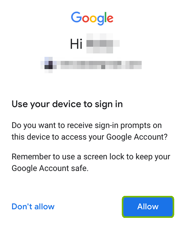 Google two-factor setup with Allow highlighted.