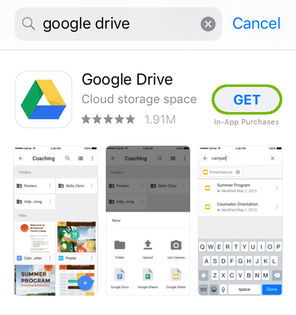 Google Drive app store page with Get highlighted.