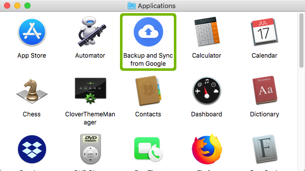 Applications with Backup and Sync from Google highlighted.