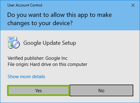 UAC prompt for Google Drive Install with Yes highlighted.
