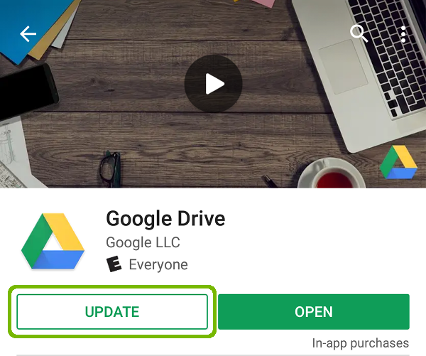 Google Drive store page with Update highlighted.