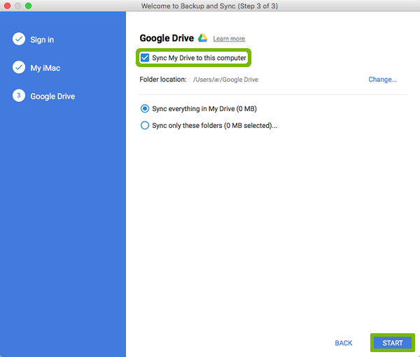 Drive sync with sync my drive and start highlighted.