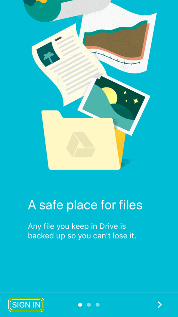 Google Drive welcome with Sign In highlighted.
