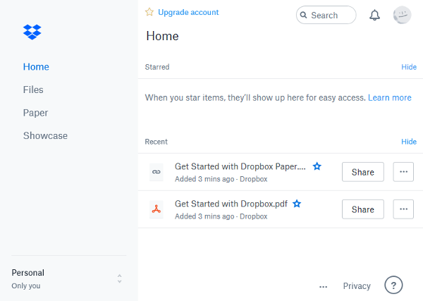 Dropbox homepage.