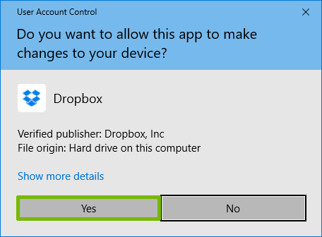UAC for Dropbox with Yes highlighted.
