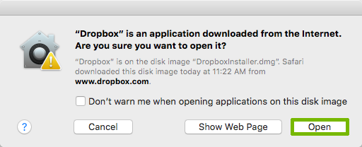 Installer permission prompt with Open highlighted.