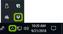 Dropbox in the System Tray highlighted.