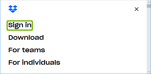 Dropbox homepage menu with Sign in highlighted.