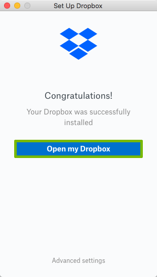 Install complete with Open my Dropbox highlighted.