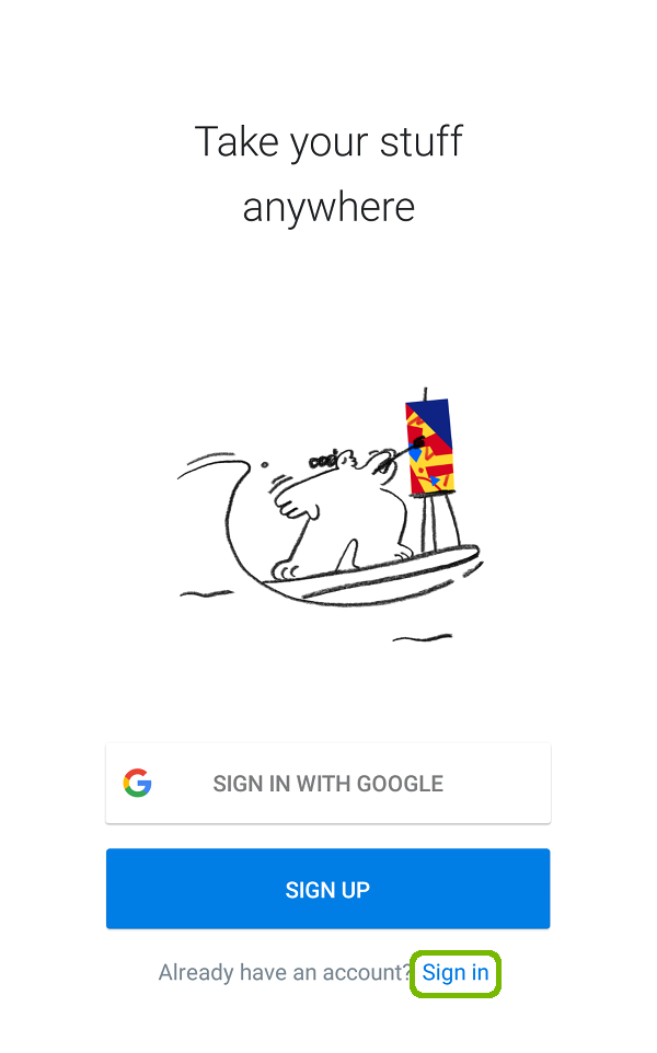 Dropbox welcome screen with Sign in highlighted.